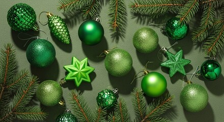 Vibrant green christmas ornaments and sparkling fir branches create a festive holiday arrangement, perfect for seasonal celebrations and winter decor