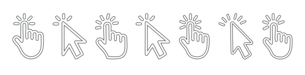 Computer mouse click cursor isolated on transparent. Cursors icons click set. Clicking finger. Computer mouse click. Arrow Vector illustration.