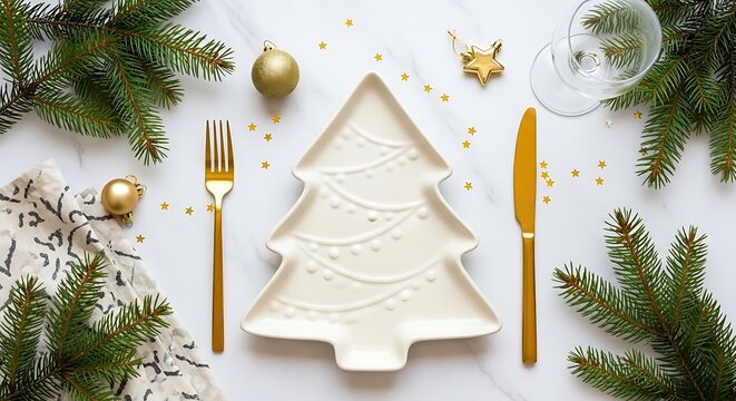 Festive christmas dinner setting with tree shaped plate and gold cutlery - Powered by Adobe