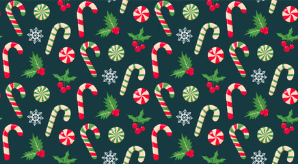 Seamless pattern with red and green candy canes, round swirl candies, and holly berries on a dark teal/green background. Includes white snowflakes