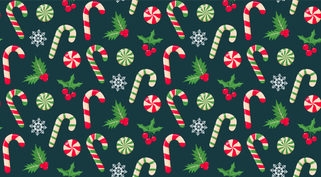 Seamless pattern with red and green candy canes, round swirl candies, and holly berries on a dark teal/green background. Includes white snowflakes
