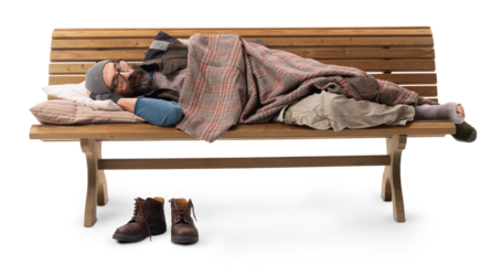 Homeless Man Sleeping on Bench on White Background