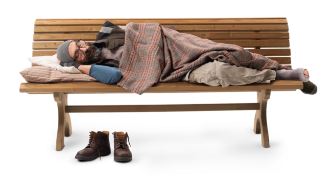 Homeless Man Sleeping on Bench on White Background