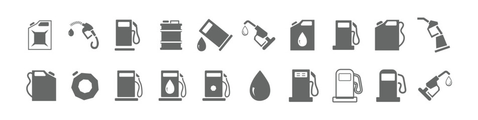 Gas station icon set. Gas tank symbol. Gas station icons or signs. Engine oil icon symbol. Containing fuel, refinery, petroleum, oil well, gas pump, offshore platform, Fuel signs collection. EPS 10.