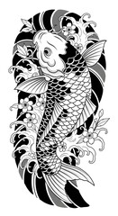 Japanese Koi Fish Tattoo with Waves and Cherry Blossoms &ndash; Bold Blackwork Design