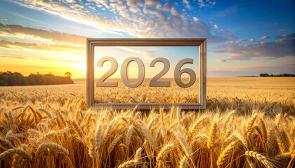Agricultural business concept with New Year 2025. frame standing numbers 2025 in wheat field landscape