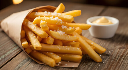 Crispy golden french fries generously sprinkled with sea salt served in a rustic paper cone with a creamy dipping sauce on the side