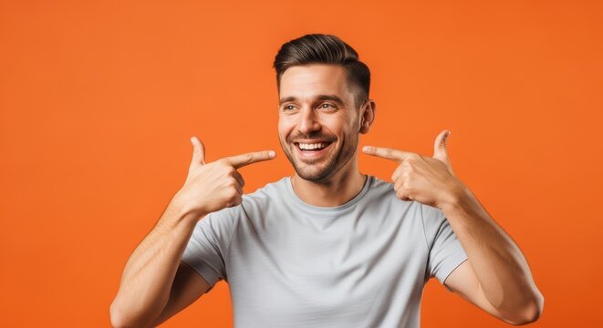 Smiling young caucasian male in grey shirt against orange background - Powered by Adobe
