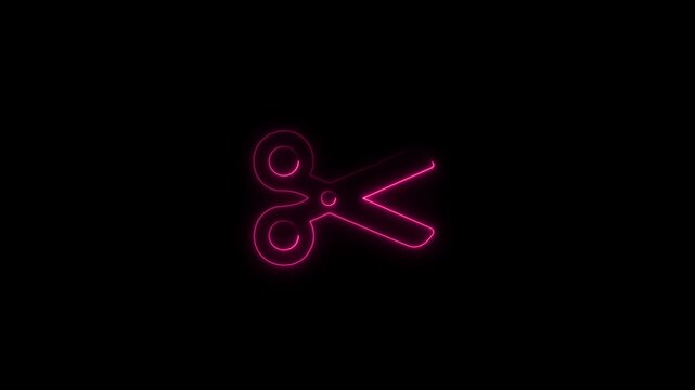 Pink Neon Scissors Icon on Black Background glowing