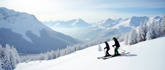Skiers gracefully descend a snowy mountain slope as the camera smoothly pans to capture the breathtaking alpine panorama, with gentle snowflakes drifting in this cinematic winter adventure. - Powered by Adobe