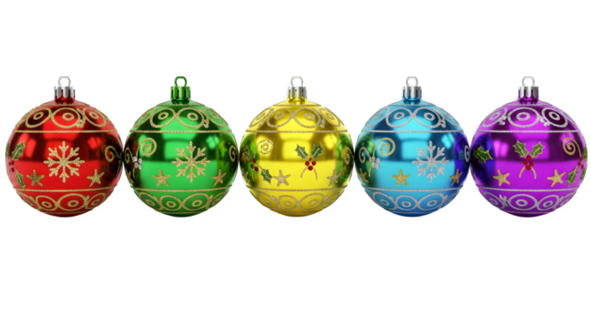 Colorful Christmas Ornaments, isolated on transparent background