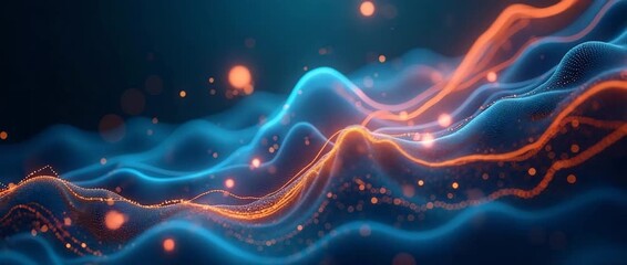 Dynamic waves of glowing data points flow smoothly, with gentle ambient motion and a slow pan, creating a mesmerizing, futuristic abstract landscape in a cinematic style. - Powered by Adobe