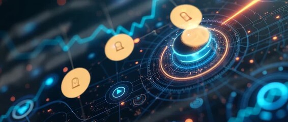 Futuristic digital landscape with glowing data nodes pulsating rhythmically; camera executes a slow pan, while dynamic graphs animate, creating a cinematic technology and finance theme. - Powered by Adobe