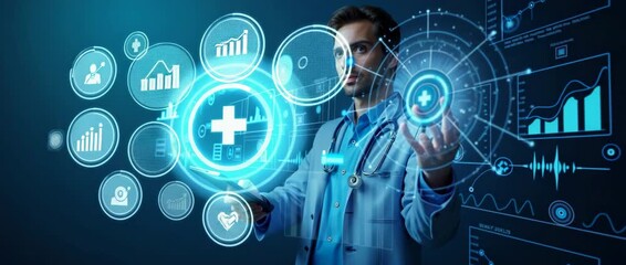 Doctor interacts with futuristic digital interface, holographic data charts animate gently, camera smoothly tracks sideways, cinematic technology scene, healthcare innovation focus. - Powered by Adobe