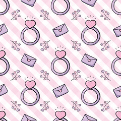 Hand-drawn pink and purple heart ring, love letter, and flower on a pink plaid pattern background. Seamless pattern for romantic, love and Valentine's.