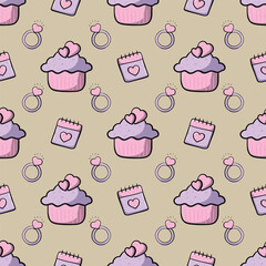 Hand-drawn pink and purple ring, heart, calendar, and cupcake on a brown background. Seamless pattern for romantic love and Valentine's.