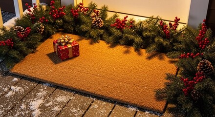 A festive doormat with a christmas garland of red berries and pinecones, and a small gift box, at a snowy entrance, for a warm holiday welcome