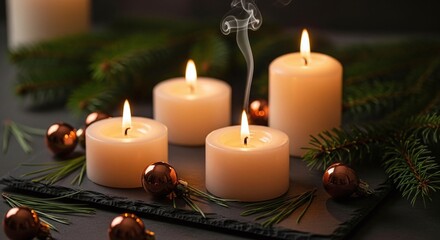 Four lit candles, one with smoke, surrounded by festive pine branches and small ornaments, creating a warm and cozy atmosphere for holidays or relaxation