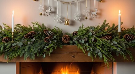 Christmas fireplace mantel decorated with lush green garland, natural pinecones, elegant white candles, and festive hanging ornaments, creating a warm holiday atmosphere
