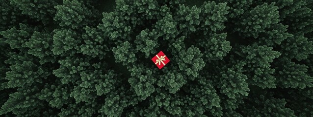 Red gift box with gold ribbon nestled among dense green pine trees, viewed from an aerial perspective, symbolizing a surprise or special delivery in nature