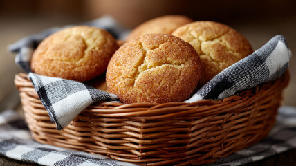 Freshly baked cookies in a wicker basket with a cloth.