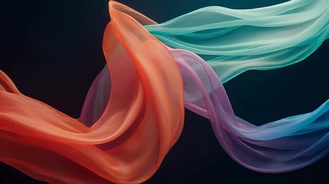 Elegant streams of vibrant, colorful, translucent fabric flowing in a dynamic wave on a dark background
