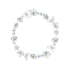 Delicate Light Blue Floral Wreath watercolor isolated. Round frame of hand painted blue flowers, buds, leaves. Baby shower greeting cards with tiny blooms. Pastel floral wreath drawing for scrapbook.