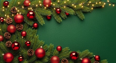 Festive christmas background with green fir branches, red ornaments, pinecones, and warm lights, forming a holiday border on a textured green surface
