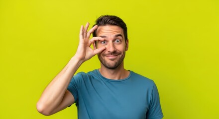 Smiling caucasian male young adult making ok gesture against bright green background