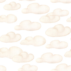 Soft Beige Clouds watercolor seamless pattern isolated. Gentle cloud repeat in warm beige tones. Design for baby textile, nursery wallpaper and bedding. Delicate neutral background with clouds.