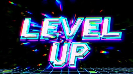 Retro glowing “LEVEL UP” glitch animation with 8-bit comic-style letters on black background. - Powered by Adobe