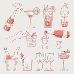 Monochrome Coral Hand-Drawn Cocktail & Mixology Sketch Illustration Set