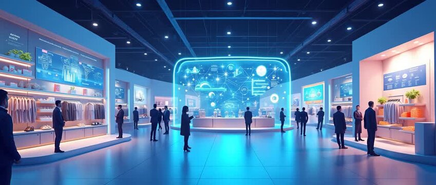 Futuristic shopping mall with digital displays, people browsing, slow camera pan, ambient light flickers, cinematic, showcasing innovation, technology, and modern retail experiences.
