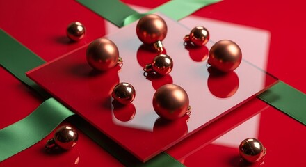 Festive golden christmas baubles and elegant green ribbons artfully placed on a striking red backdrop, symbolizing holiday cheer and celebration