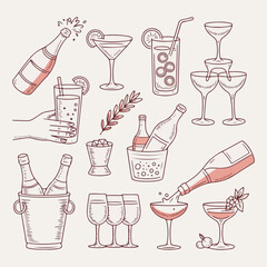 Monochrome Coral Hand-Drawn Cocktail & Mixology Sketch Illustration Set