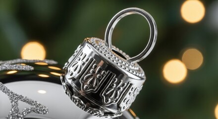 Closeup of a silver christmas ornaments decorative cap and hanging ring, featuring intricate patterns against a soft, blurred background of festive lights