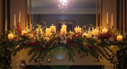 Beautifully decorated christmas garland with glowing candles and twinkling lights adorning a mantelpiece, creating a warm and festive atmosphere for the holiday season