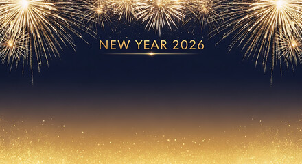 A warm golden fireworks scene celebrating the arrival of New Year 2026.