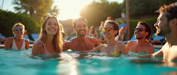 Joyful friends splash in a sunlit pool, laughter echoing as the camera gently pans, capturing summer leisure in cinematic style with ambient water reflections and warm hues. - Powered by Adobe