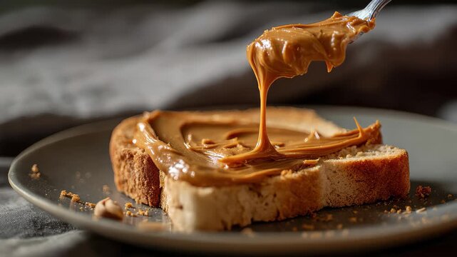 Spreading peanut butter on warm toast creates a delicious and simple meal any time of the day in a cozy kitchen setting