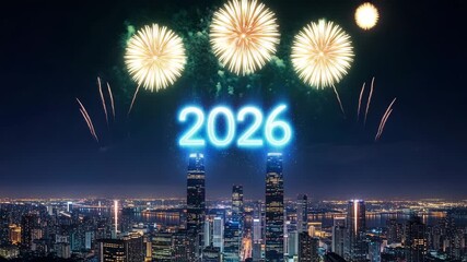 2026 neon sign over a vibrant city skyline at night with fireworks exploding
