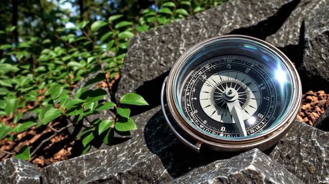 Iron vintage compass on rocks among forest plants with sunlight reflection.