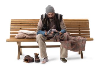Homeless Man Sitting on Bench Using Smartphone on White Background