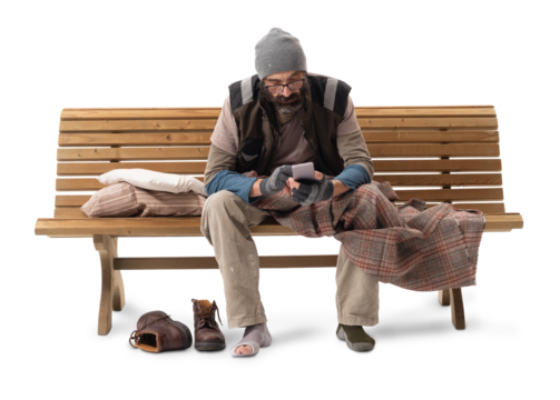 Homeless Man Sitting on Bench Using Smartphone on White Background