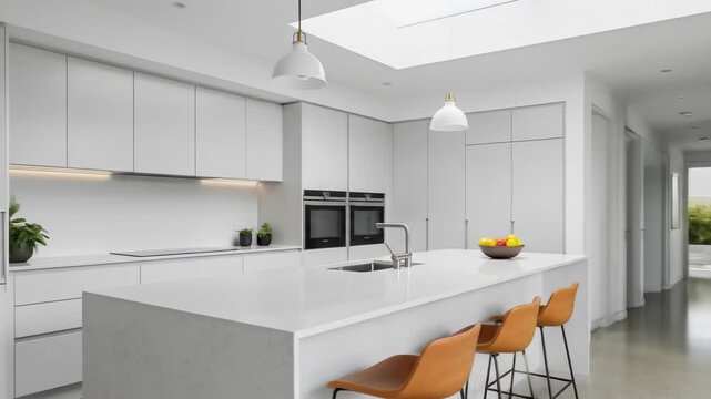 Modern minimalist white kitchen design with a large island, skylight, and sliding glass doors to a patio.