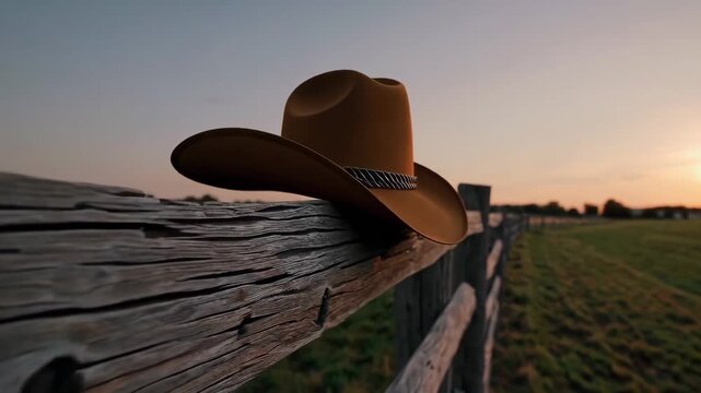 Cowboy hat on wooden fence at rural sunset, rustic countryside background.