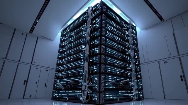 Blue-lit futuristic room with colossal supercomputer server overseeing digital operations.