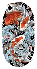 Japanese Koi Fish Tattoo Design with Waves and Cherry Blossoms &ndash; Traditional Irezumi Style, Two Colorful Koi Swimming in Dynamic Water and Sakura Blossoms