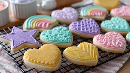 Colorful heart-shaped cookies with pastel icing on a cooling rack.