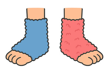 Fuzzy monster feet or cozy slippers in blue and pink standing together